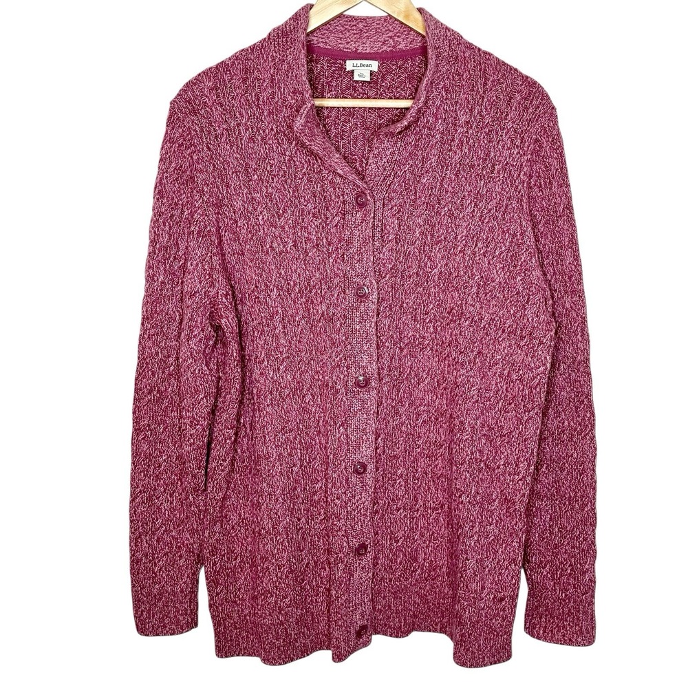 LL Bean Cable Knit Fisherman Cardigan Pink Womens XL Button Up Cotton